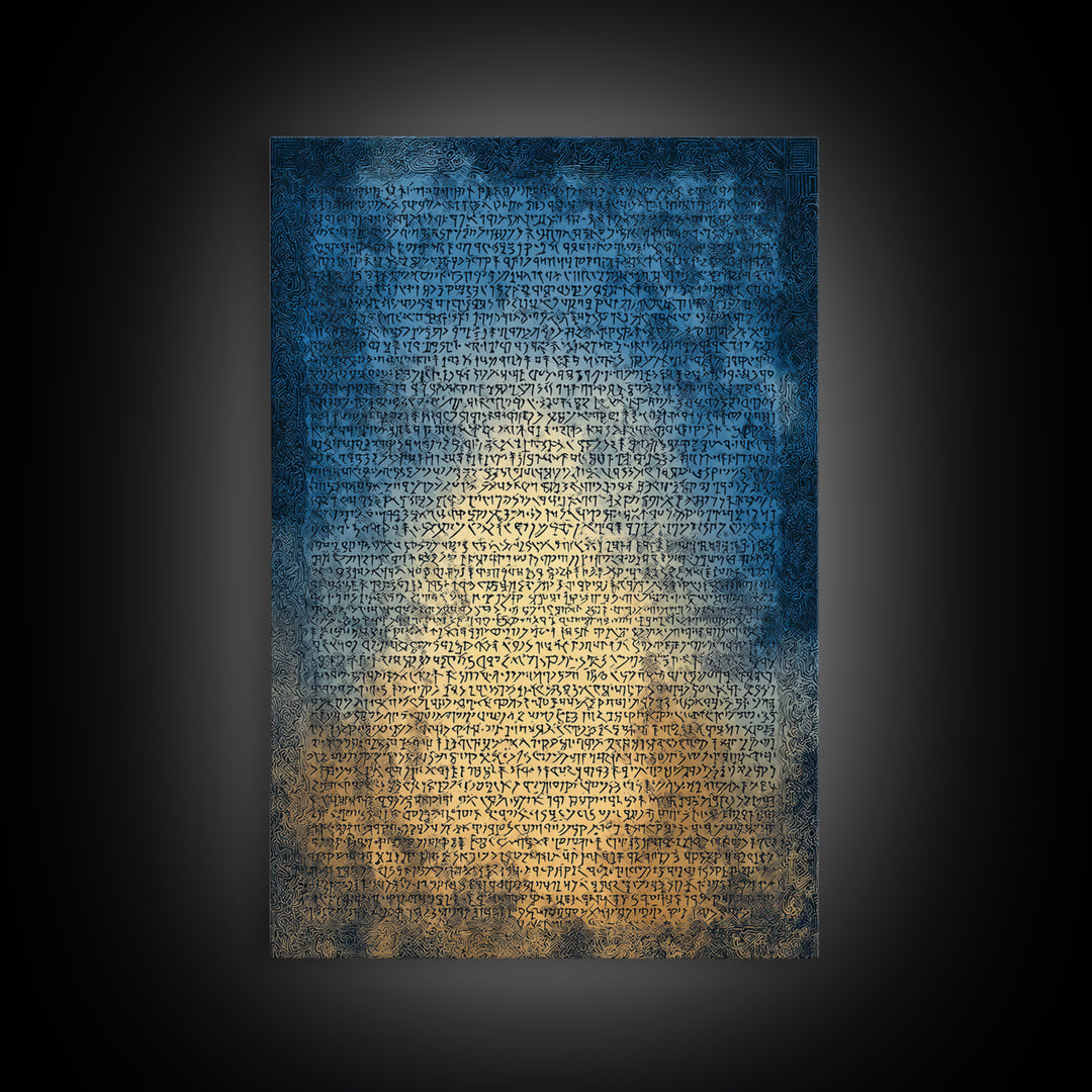 Blue Ancient Script Manuscript Canvas Print, Glowing Parchment Wall Art, Spiritual Cultural Decor, Elegant Office Gift For Her