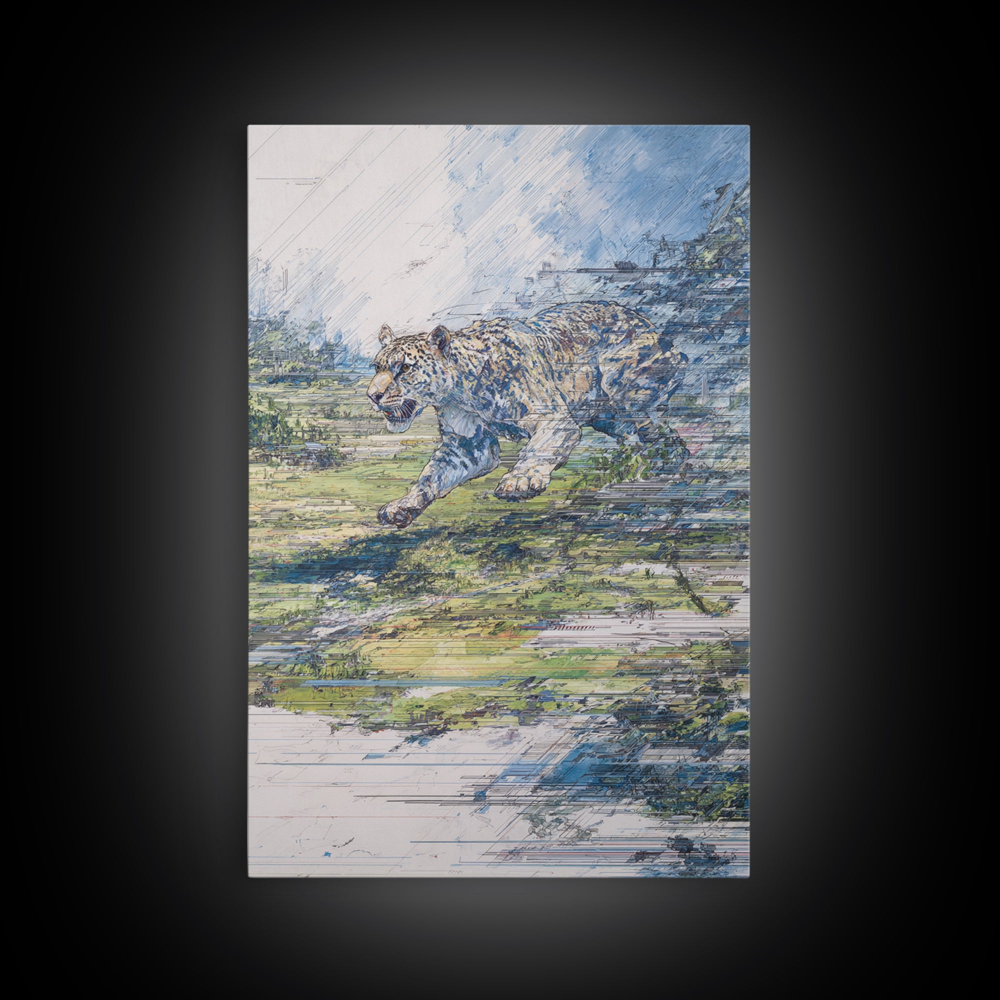 Charging Tiger In Blue Green Sketch Framed Canvas Print, Safari Art, African Animal Art, Wildlife Wall Decor, Unique Gift