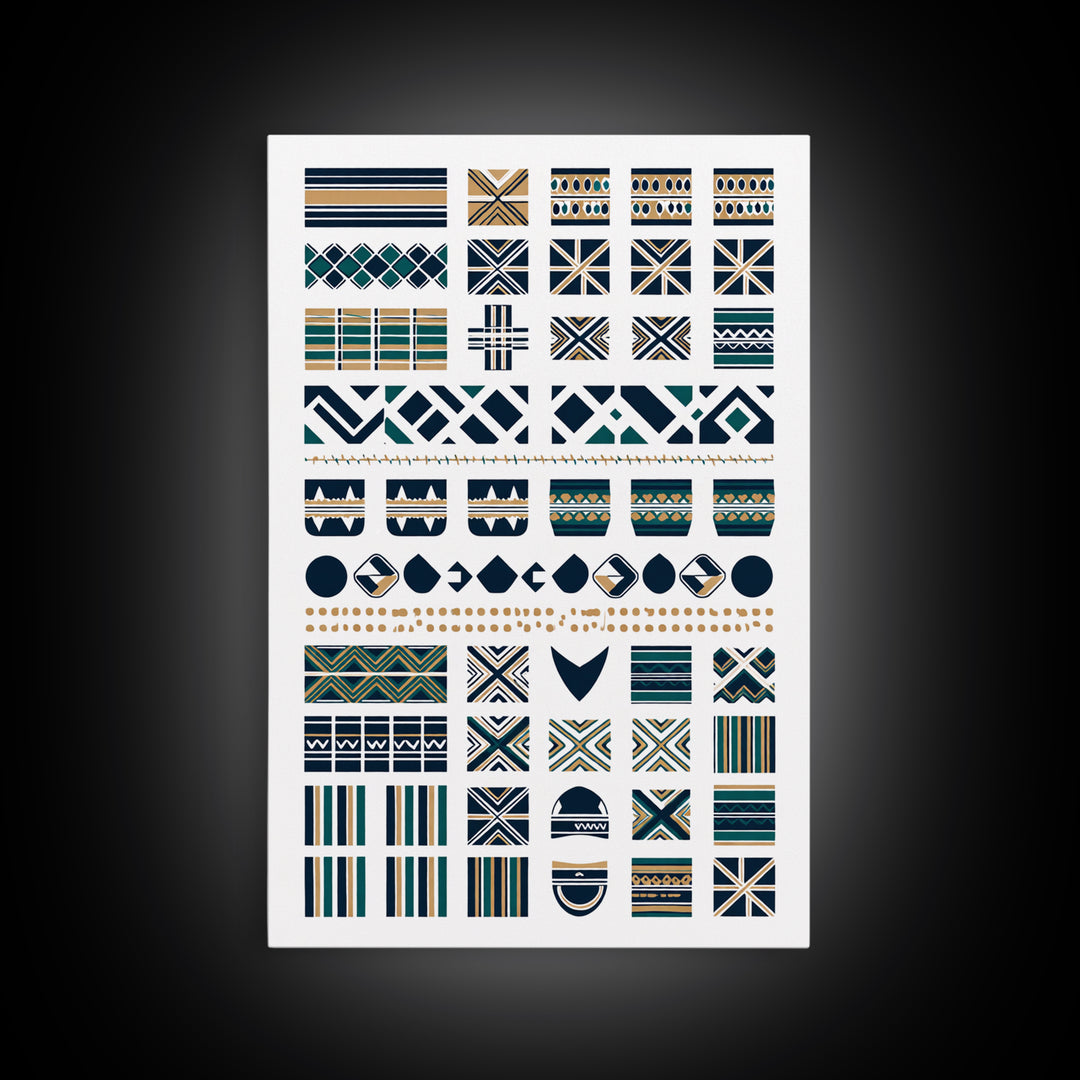 African Textile Pattern Grid In Blue Gold Wall Art, Ankara Wall Art, Ethnic Art Print, Cultural Home Decor, Motherland Style Gift