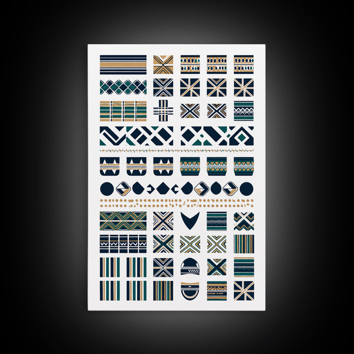 African Textile Pattern Grid In Blue Gold Wall Art, Ankara Wall Art, Ethnic Art Print, Cultural Home Decor, Motherland Style Gift