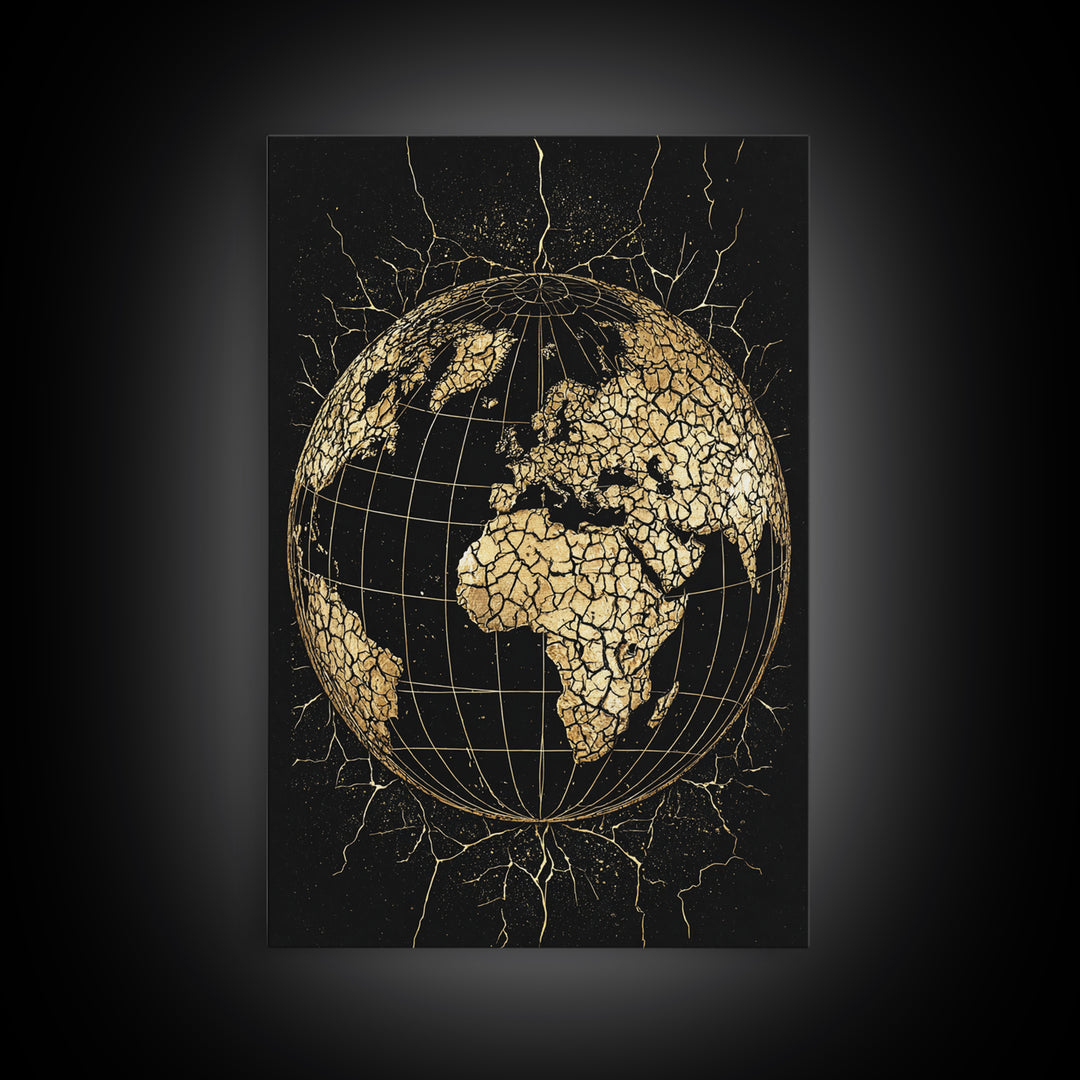 Cracked Gold Africa Globe On Black Canvas Print, African Wall Art, Motherland Map Decor, Afrocentric Cultural Gift For Living Room