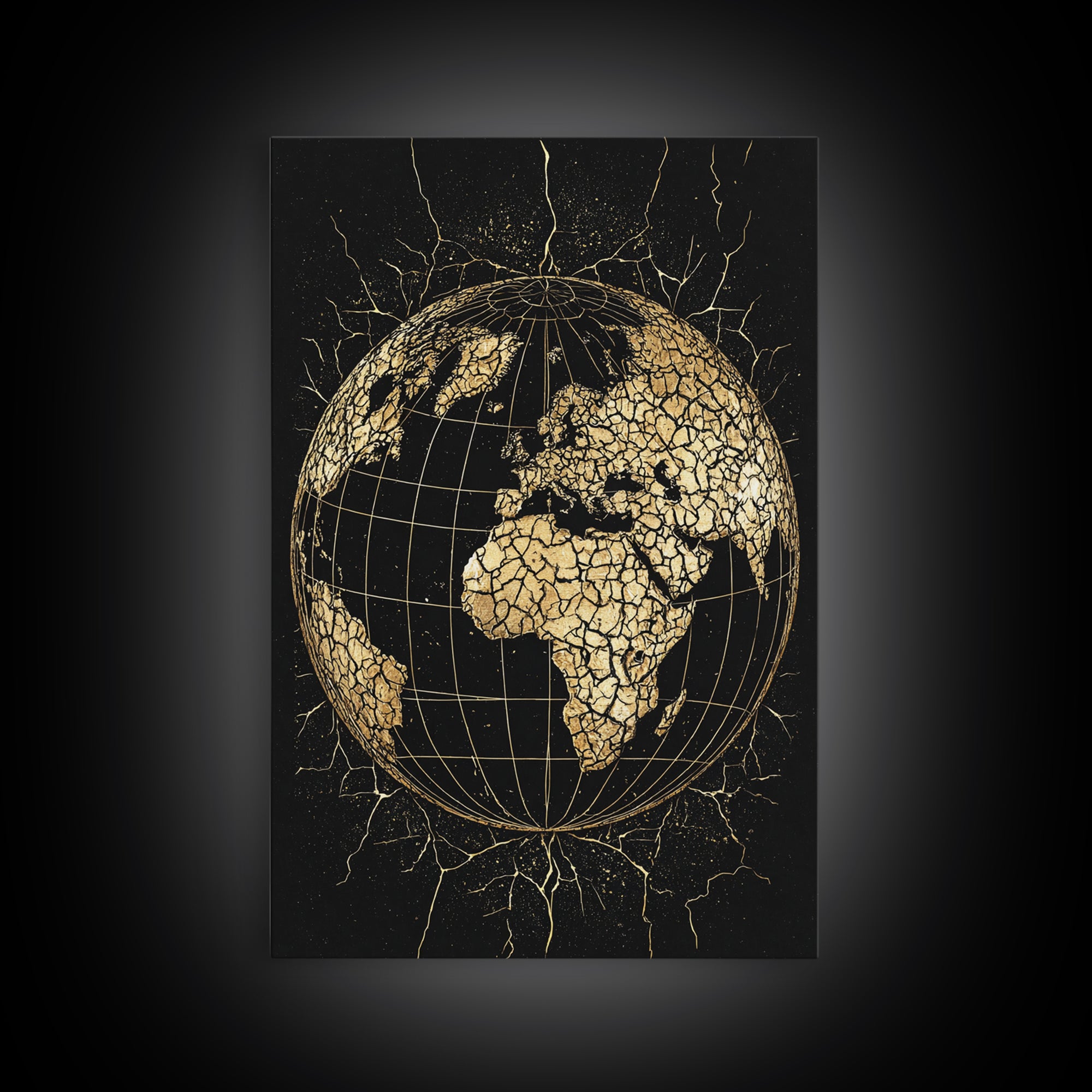 Cracked Gold Africa Globe On Black Canvas Print, African Wall Art, Motherland Map Decor, Afrocentric Cultural Gift For Living Room