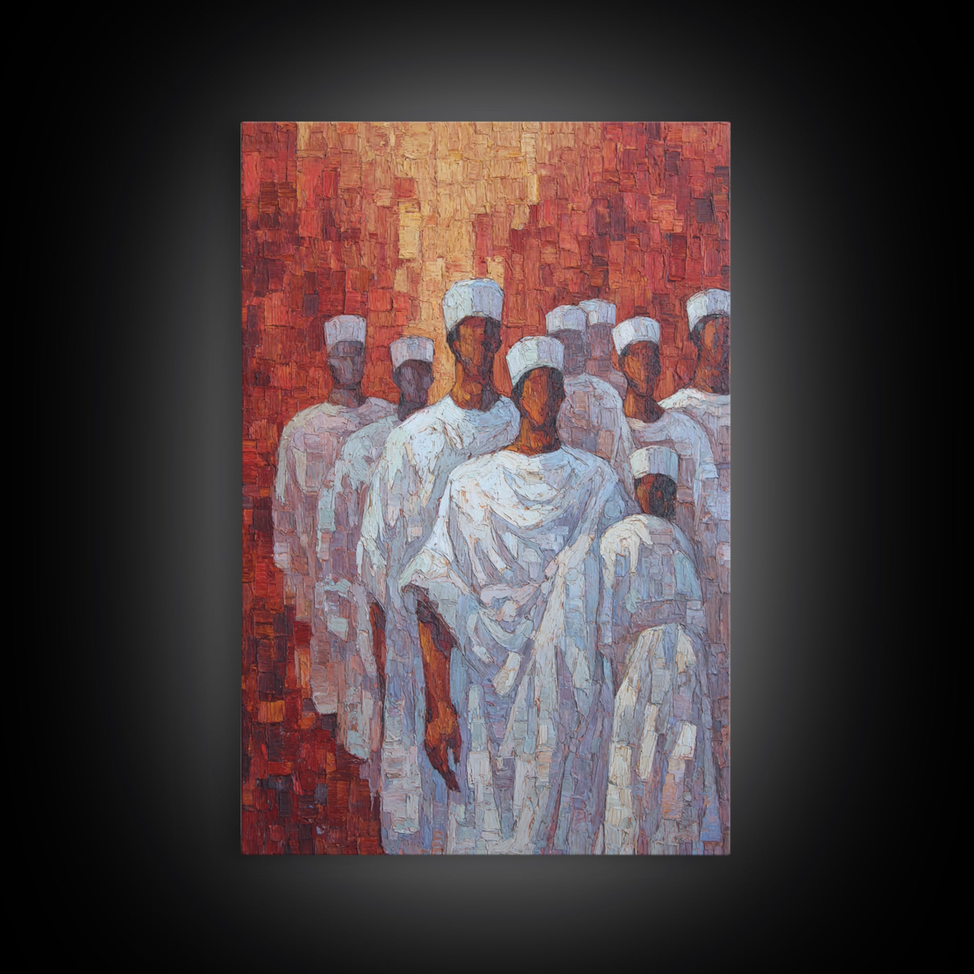 White Robed Figures In Red Impasto Framed Canvas Print, African Wall Art, Cultural Decor, Modern African Painting Gift For Home Decor