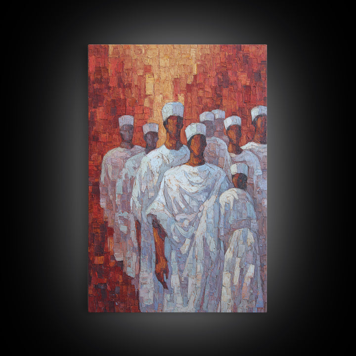 White Robed Figures In Red Impasto Framed Canvas Print, African Wall Art, Cultural Decor, Modern African Painting Gift For Home Decor