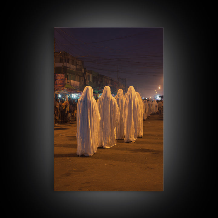 Night Street White Robed Procession Wall Art, African Travel Decor, Spiritual Cultural Art Print, Afrocentric Home Gift For Him