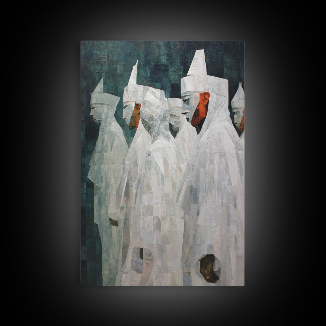 Abstract White Robed Figures On Teal Framed Canvas Print, African Wall Art, Modern Cultural Decor, Unique Home Gift For Living Room