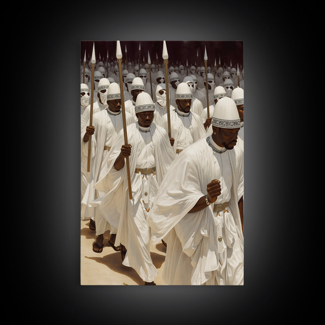 White Spear Bearer Procession In Sunlight Canvas Print, African Warrior Art, Cultural Wall Decor, Statement Gift For Him