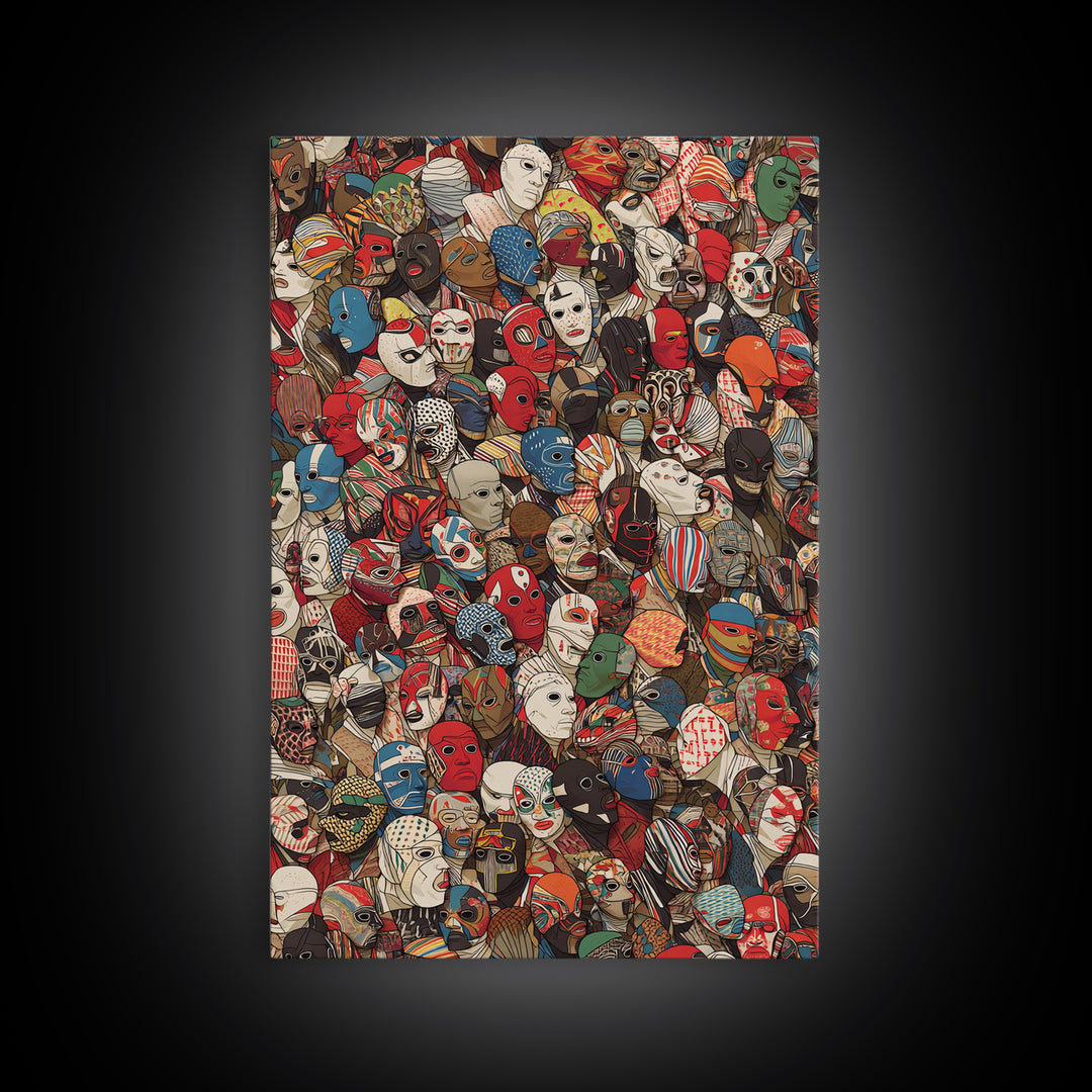 Illustrated African Mask Collage Wall Art, Colorful Tribal Pattern, Afrocentric Decor, Cultural Gallery Canvas Print Gift