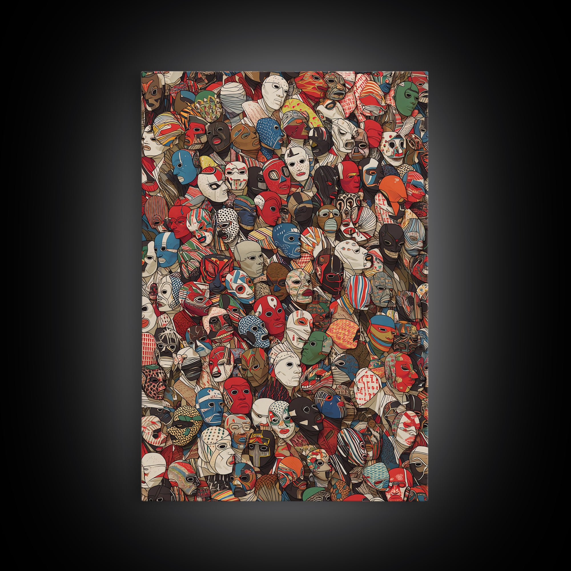 Illustrated African Mask Collage Wall Art, Colorful Tribal Pattern, Afrocentric Decor, Cultural Gallery Canvas Print Gift