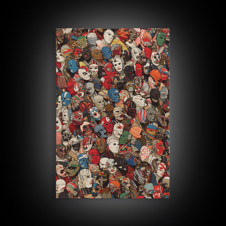 Illustrated African Mask Collage Wall Art, Colorful Tribal Pattern, Afrocentric Decor, Cultural Gallery Canvas Print Gift