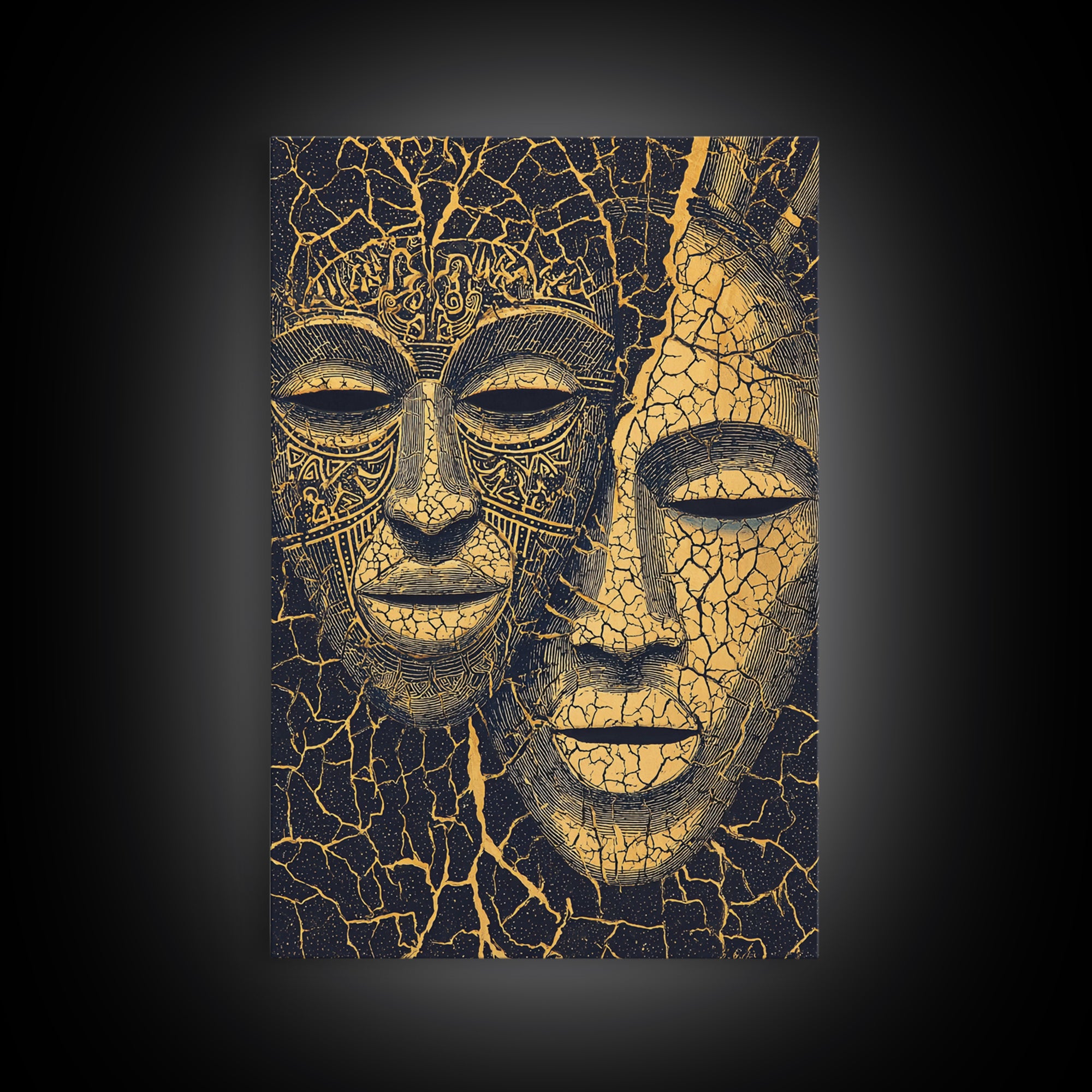 Gold Line African Mask Duo Wall Art, Tribal Mask Canvas Print, Black And Gold Decor, Afrocentric Cultural Home Decor Gift
