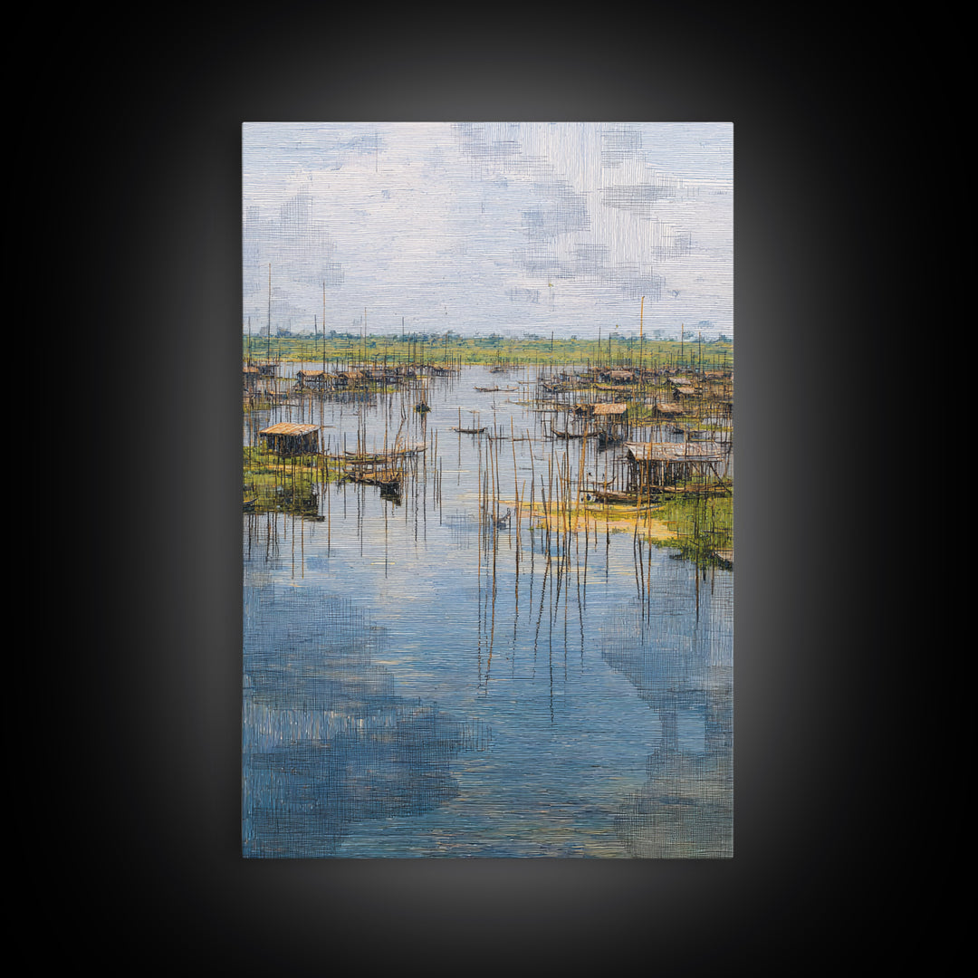 Serene African Fishing Village Wall Art, Blue Wetland Landscape Canvas, Coastal Nature Scene, Textured Home Decor For Living Room