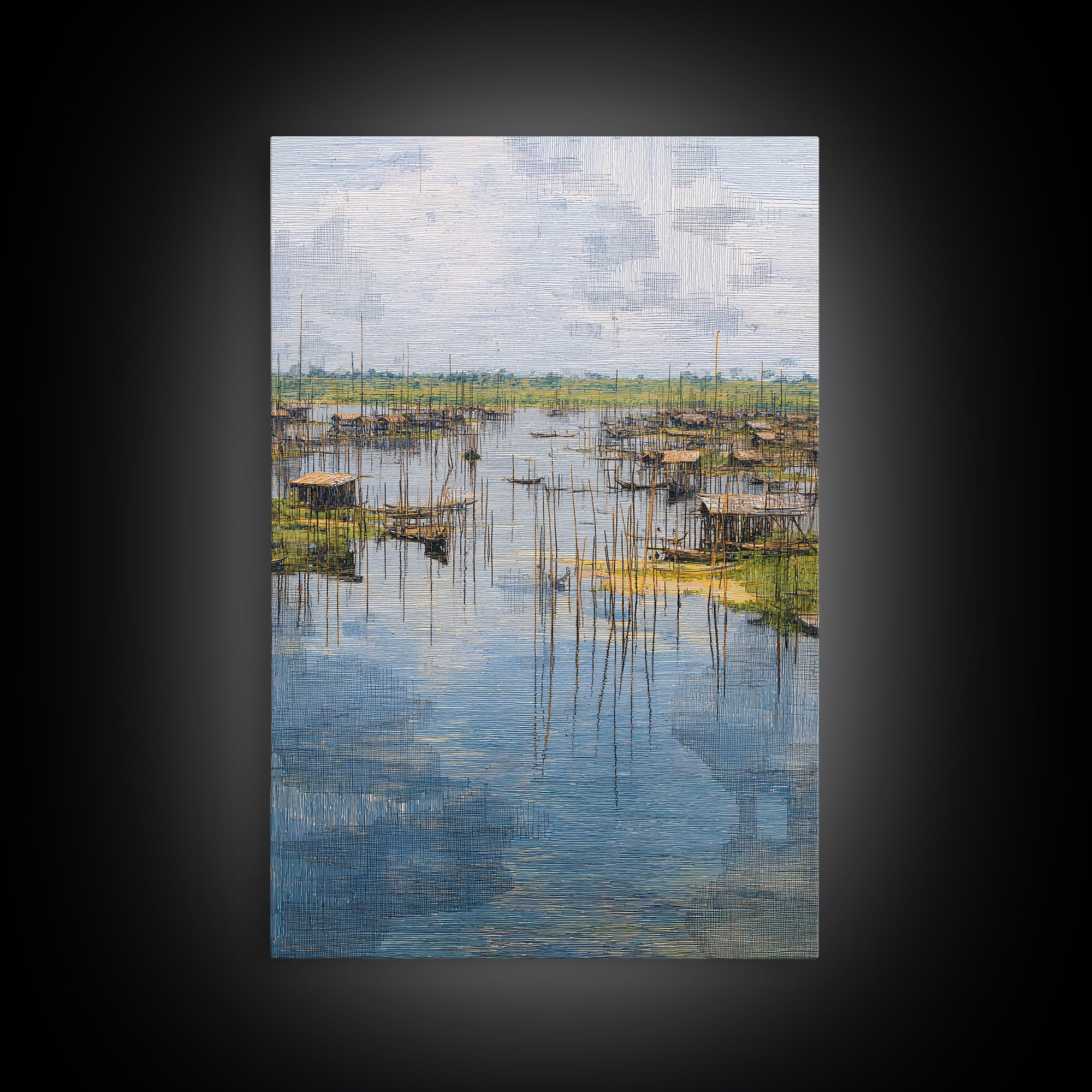 Serene African Fishing Village Wall Art, Blue Wetland Landscape Canvas, Coastal Nature Scene, Textured Home Decor For Living Room