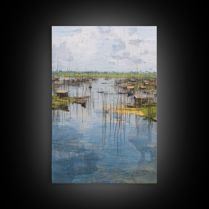 Serene African Fishing Village Wall Art, Blue Wetland Landscape Canvas, Coastal Nature Scene, Textured Home Decor For Living Room