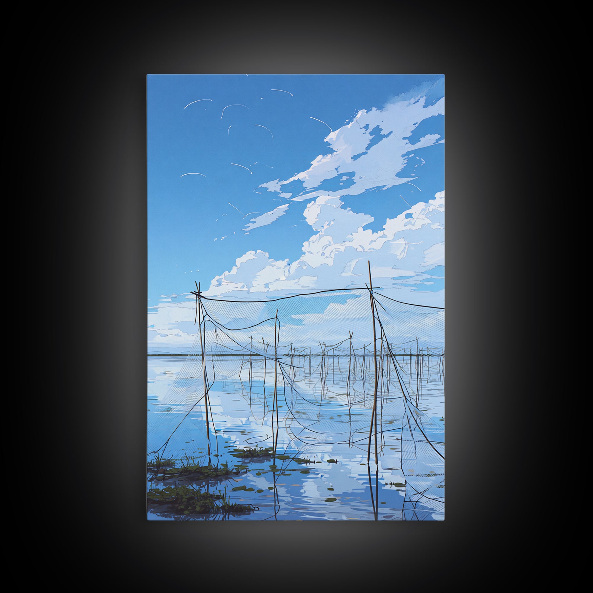Blue Sky Fishing Nets Wall Art, Minimalist Coastal African Landscape Canvas, Serene Water Reflections, Bedroom Decor Gift