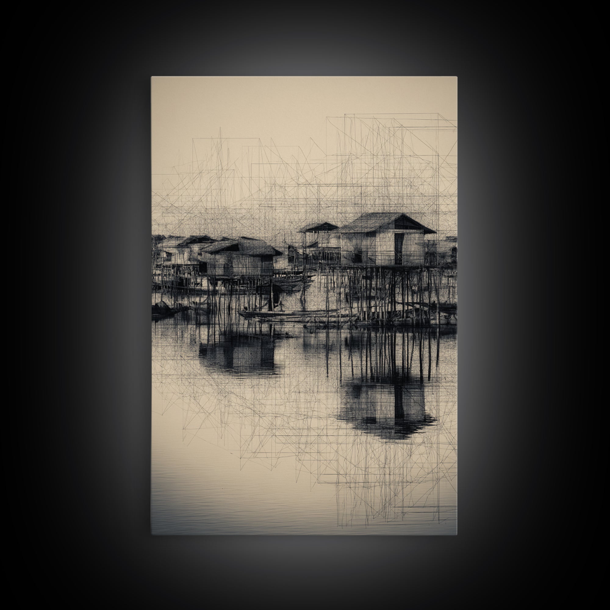 Monochrome Stilt Village Framed Canvas Print, African Fishing Huts Sketch, Minimalist Black Wall Decor For Office And Living Room