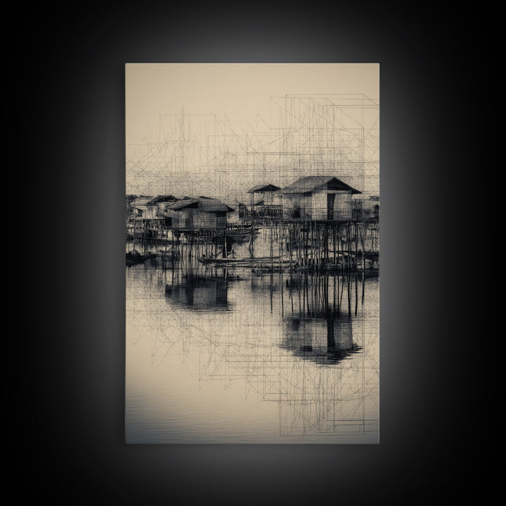 Monochrome Stilt Village Framed Canvas Print, African Fishing Huts Sketch, Minimalist Black Wall Decor For Office And Living Room