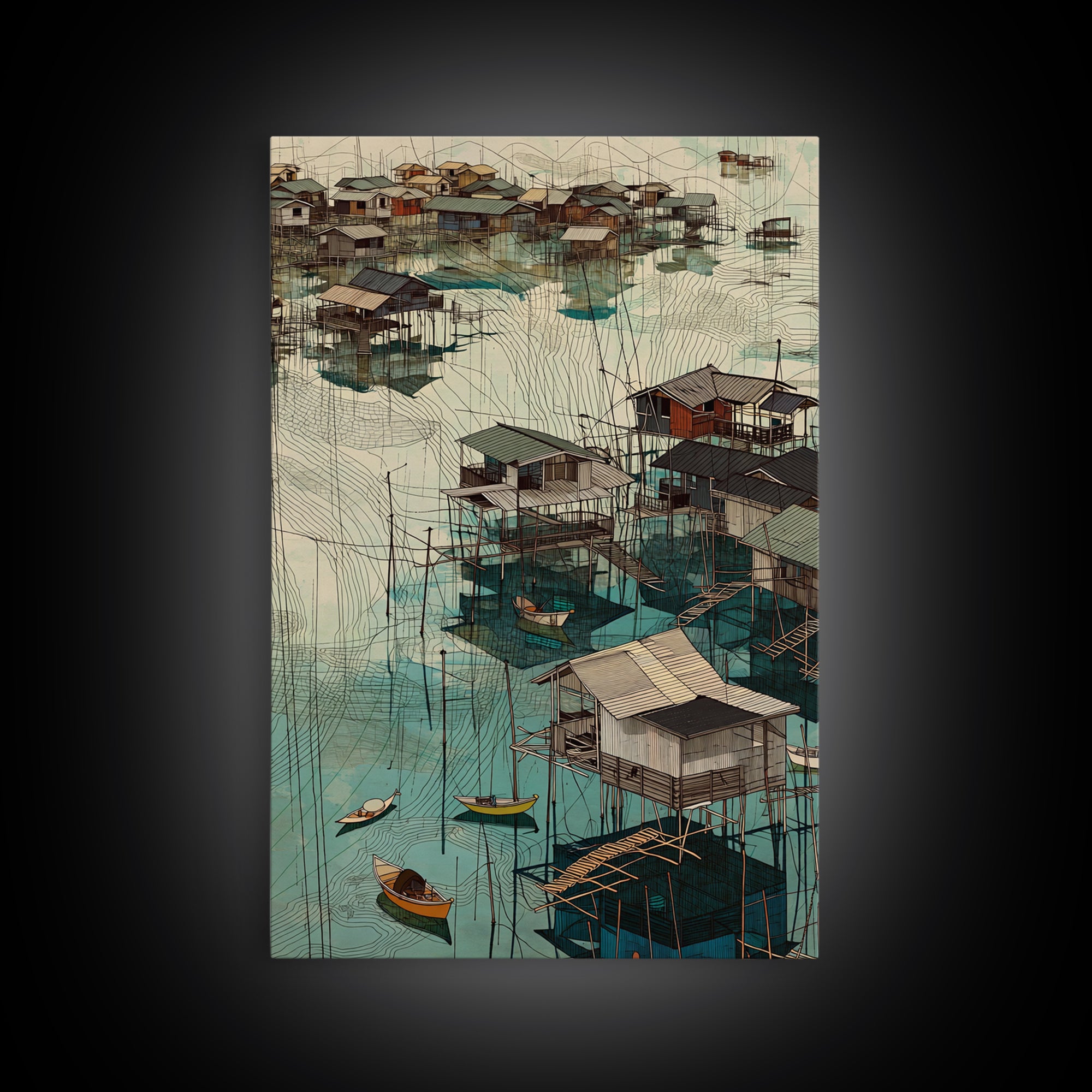 Turquoise African Stilt Houses Wall Art, Fishing Village Canvas, Coastal Landscape Print, Cultural Home Decor Gift For Living Room