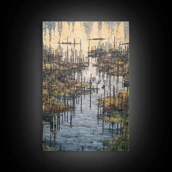 Intricate African Wetland Village Wall Art, Fishing Poles And Boats Canvas, Textured Landscape Decor For Living Room Gift