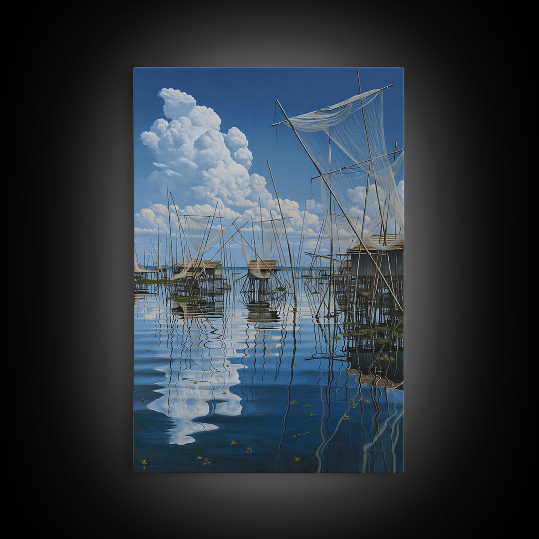 Dreamy Fishing Nets On Blue Water Wall Art, African Coastal Village Canvas, Cloud Reflection Nature Decor Gift For Home And Office