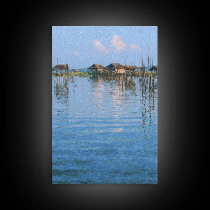 Peaceful Blue Lagoon Stilt Village Canvas Print, African Coastal Landscape, Impressionist Water Reflections Wall Decor Gift