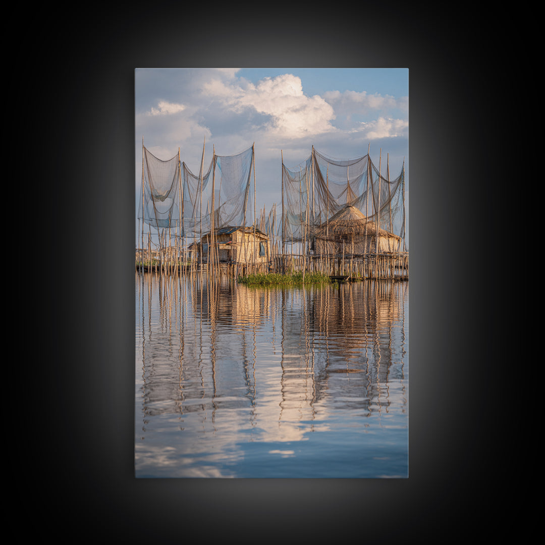 Sunlit Stilt Fishing Huts And Net Reflections Wall Art, Coastal Lake Village Canvas Print, Serene Blue Water Living Room Decor