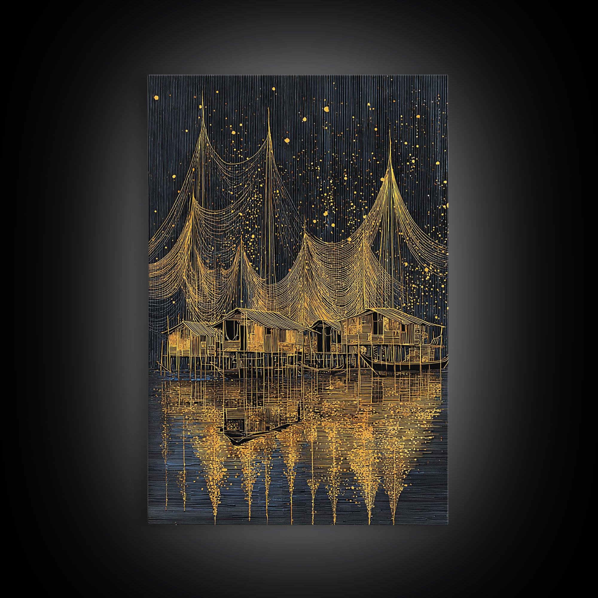 Golden Night Fishing Nets Over Stilt Houses Canvas Print, African Inspired Coastal Village Wall Decor, Black Gold Statement Art