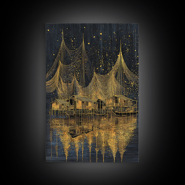 Golden Night Fishing Nets Over Stilt Houses Canvas Print, African Inspired Coastal Village Wall Decor, Black Gold Statement Art