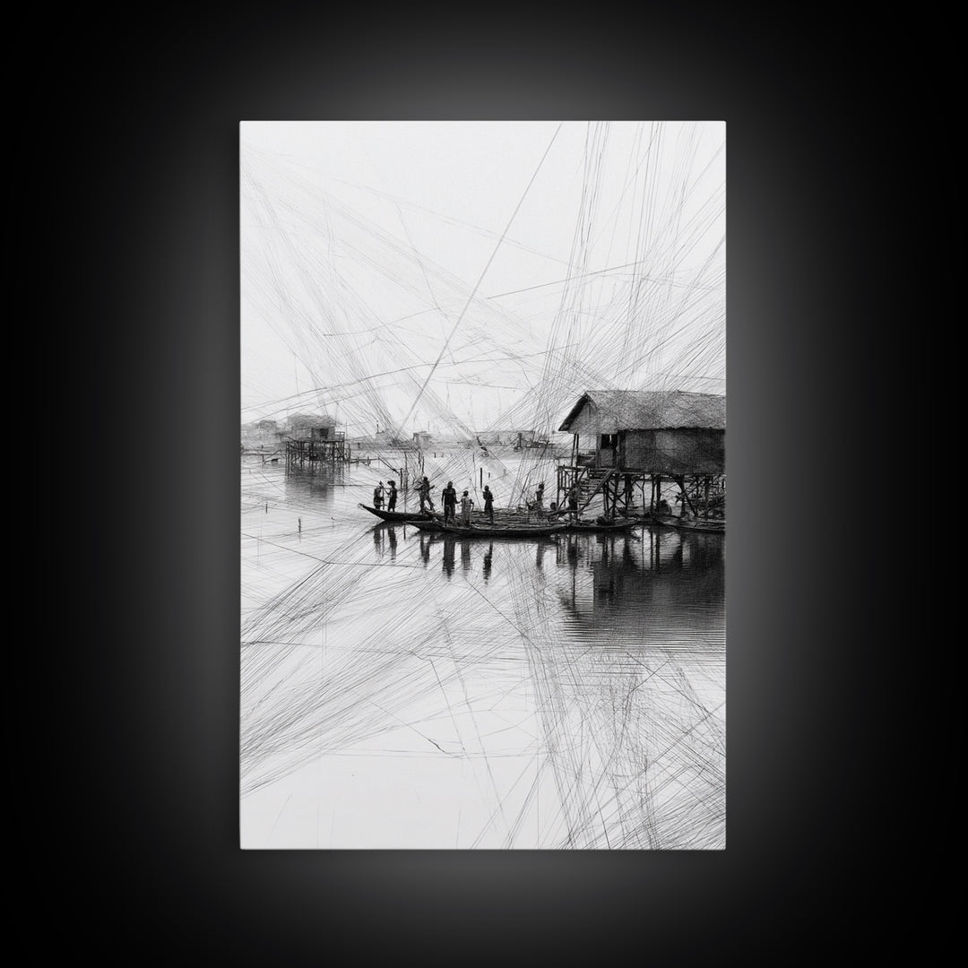 Black And White Fishing Village Sketch Wall Art, Fine Line Coastal Hut Drawing, Minimalist Lake House Decor For Gallery Walls