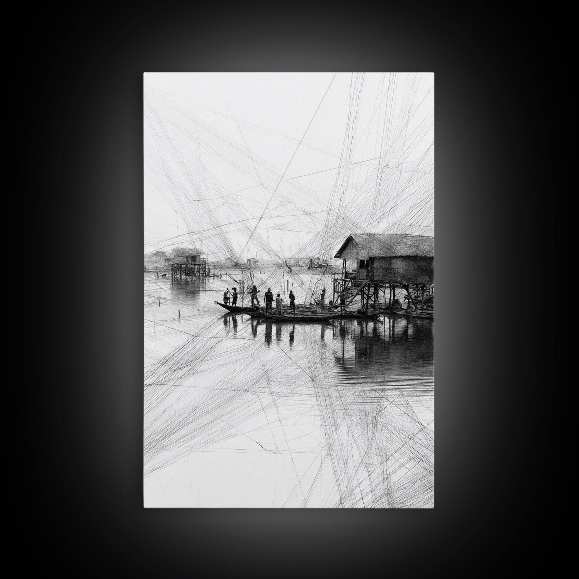 Black And White Fishing Village Sketch Wall Art, Fine Line Coastal Hut Drawing, Minimalist Lake House Decor For Gallery Walls