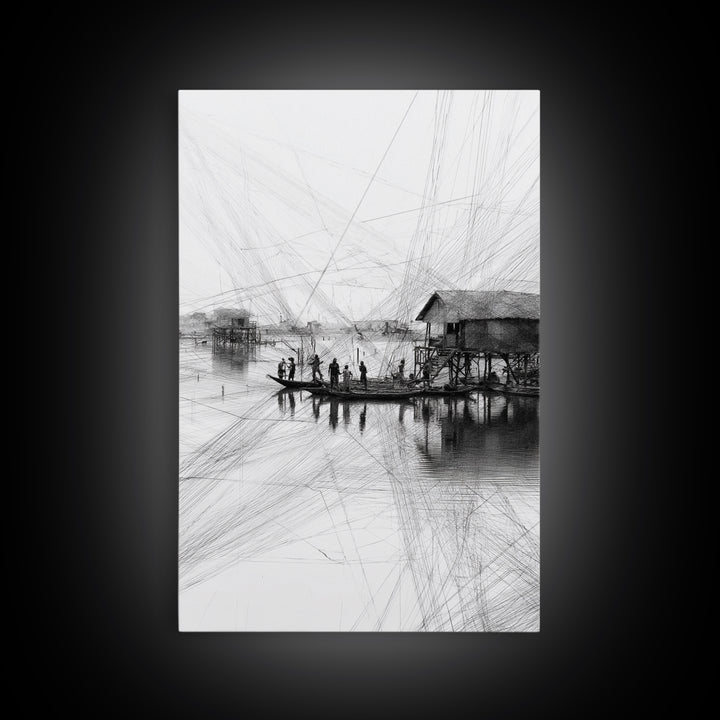 Black And White Fishing Village Sketch Wall Art, Fine Line Coastal Hut Drawing, Minimalist Lake House Decor For Gallery Walls