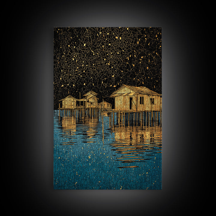Gold Stilt Houses On Blue Water Canvas Print, Abstract Coastal Village Wall Art, Black Gold Lake Reflections Home Decor Art