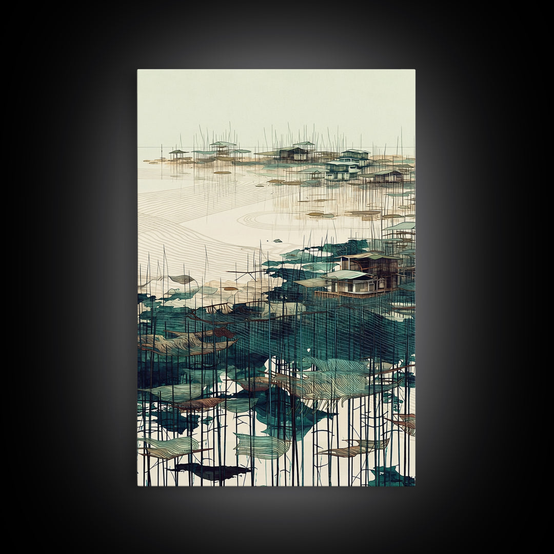 Minimal Teal Stilt Village Across Quiet Water Wall Art, Modern Coastal Landscape Canvas Print, Beige Green Living Room Decor