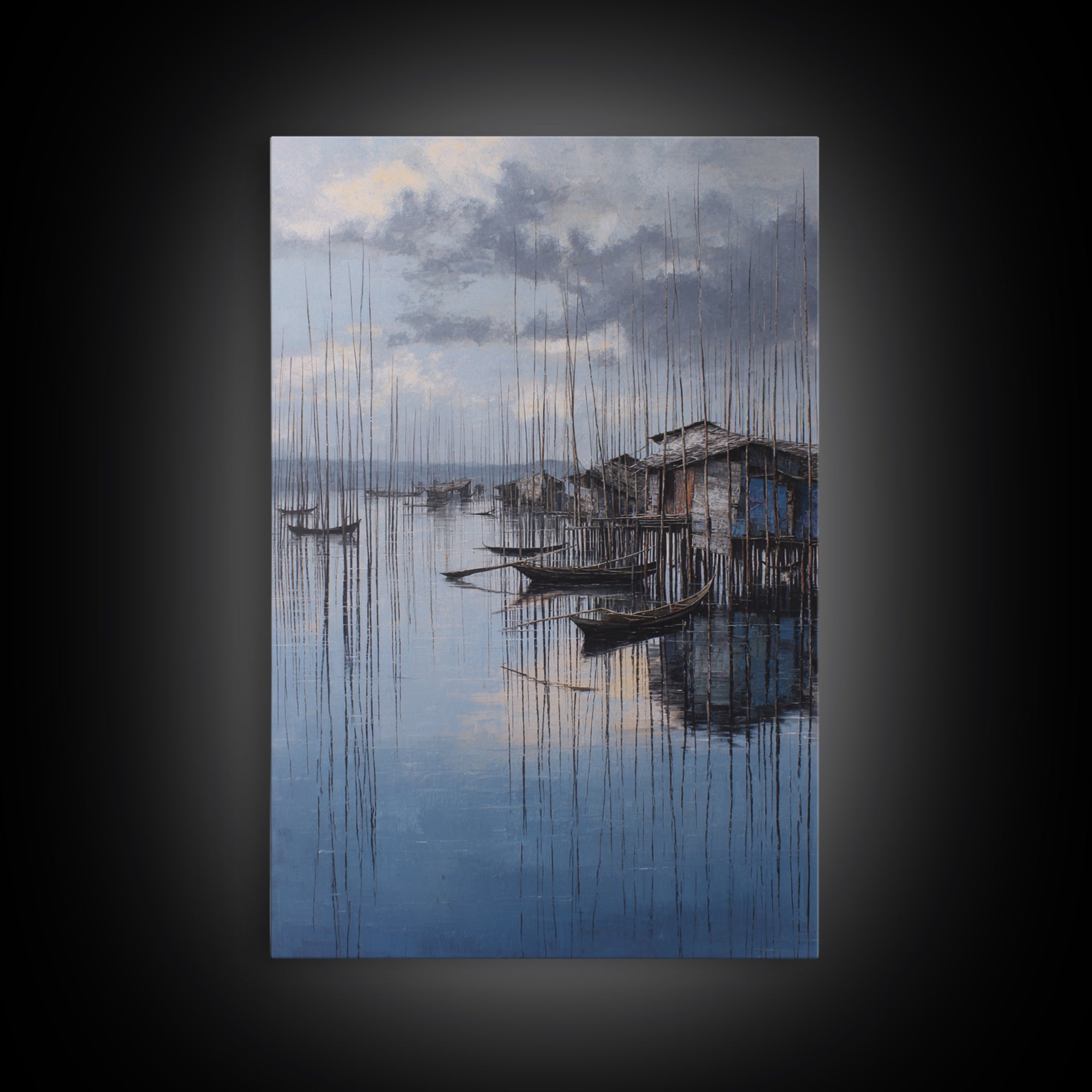 Moody Blue Fishing Boats By Stilt Houses Framed Canvas Print, Serene Lake Village Wall Art, Coastal Home Decor Gift For Living Room