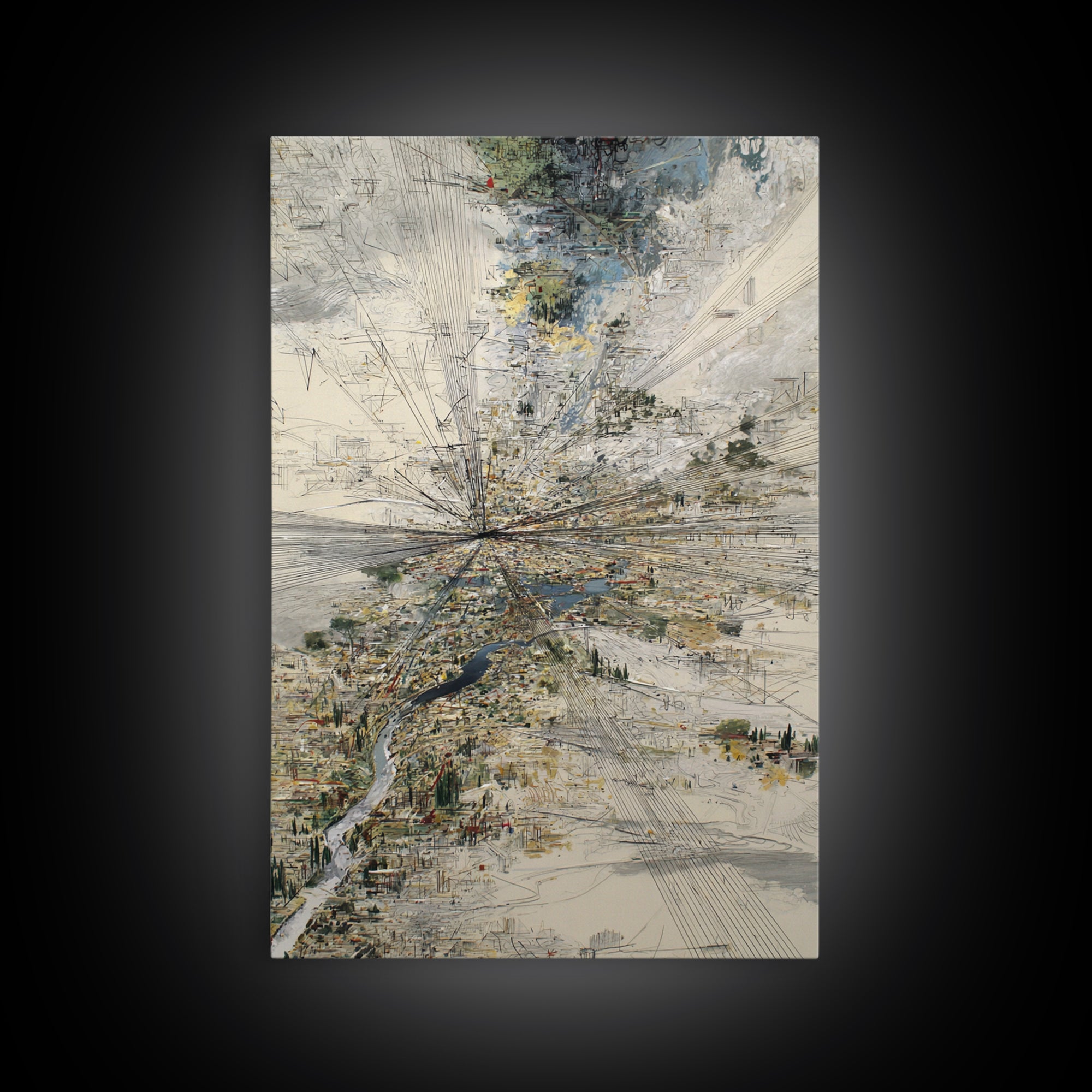 Abstract Aerial River Delta And City Lines Wall Art, Modern Landscape Canvas Print, Textured Blue Gray Gallery Office Decor