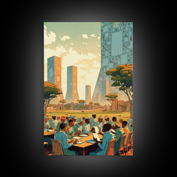 Futuristic African Scholars Skyline Wall Art, Afrocentric Art Print, Modern African Art, Office Decor, Cultural Wall Decor