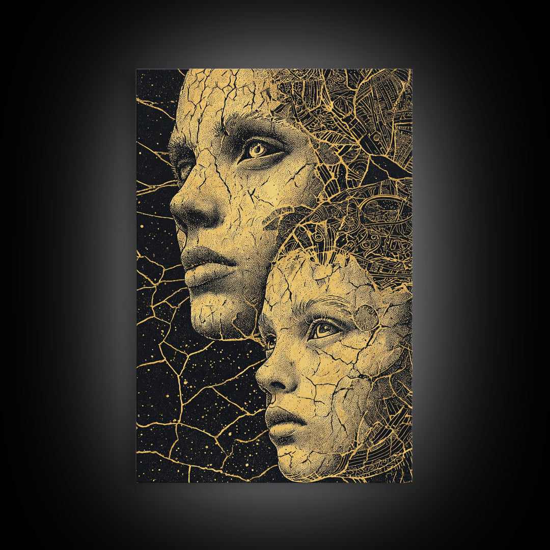 Golden Mother And Child Cosmic Wall Art, Black Woman Art, African American Art, Spiritual Wall Decor, Dreamy Canvas Print