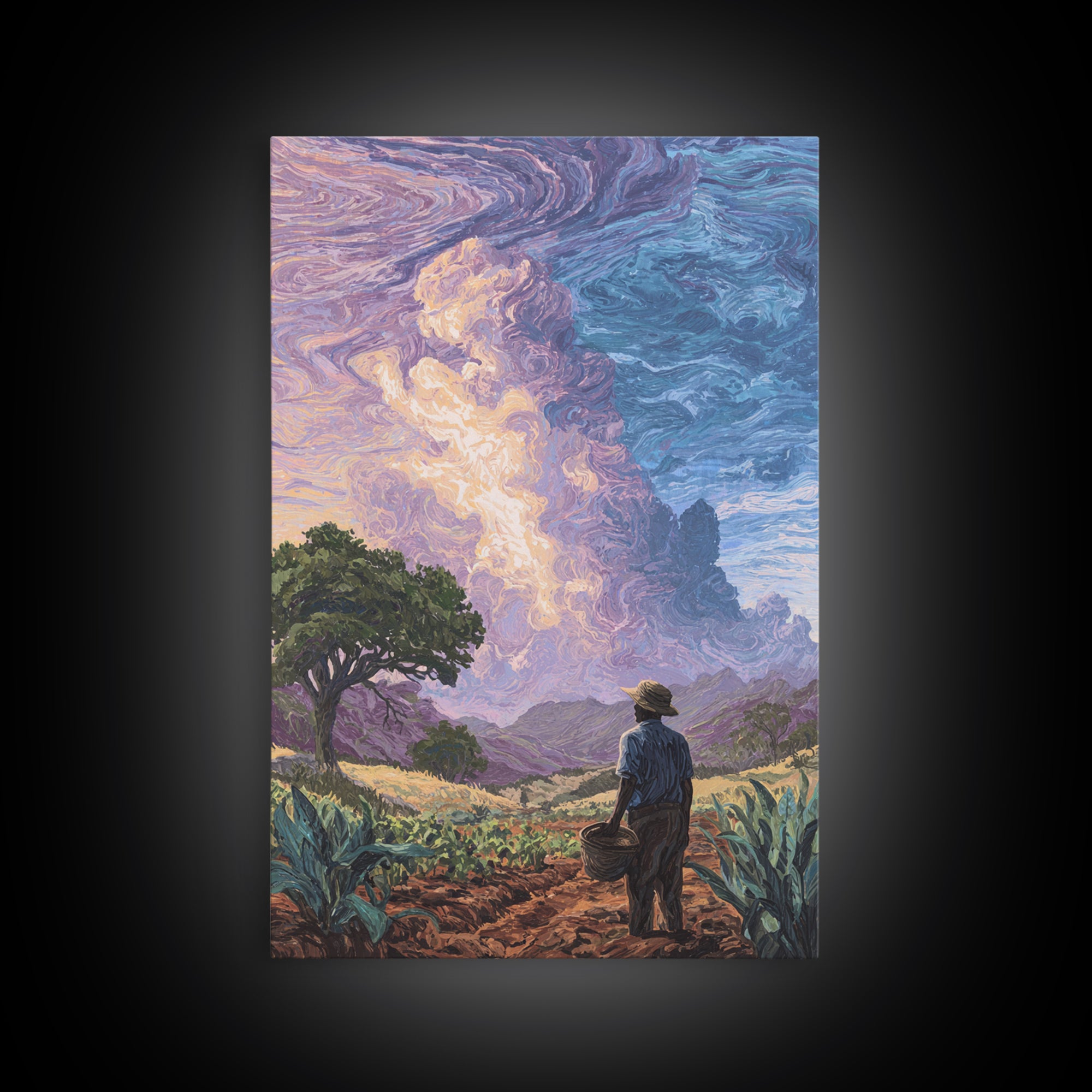 Farmer Under Swirling Storm Sky Canvas Print, African Landscape, Nature Scene Art, Earth Tone Wall Art, Living Room Decor