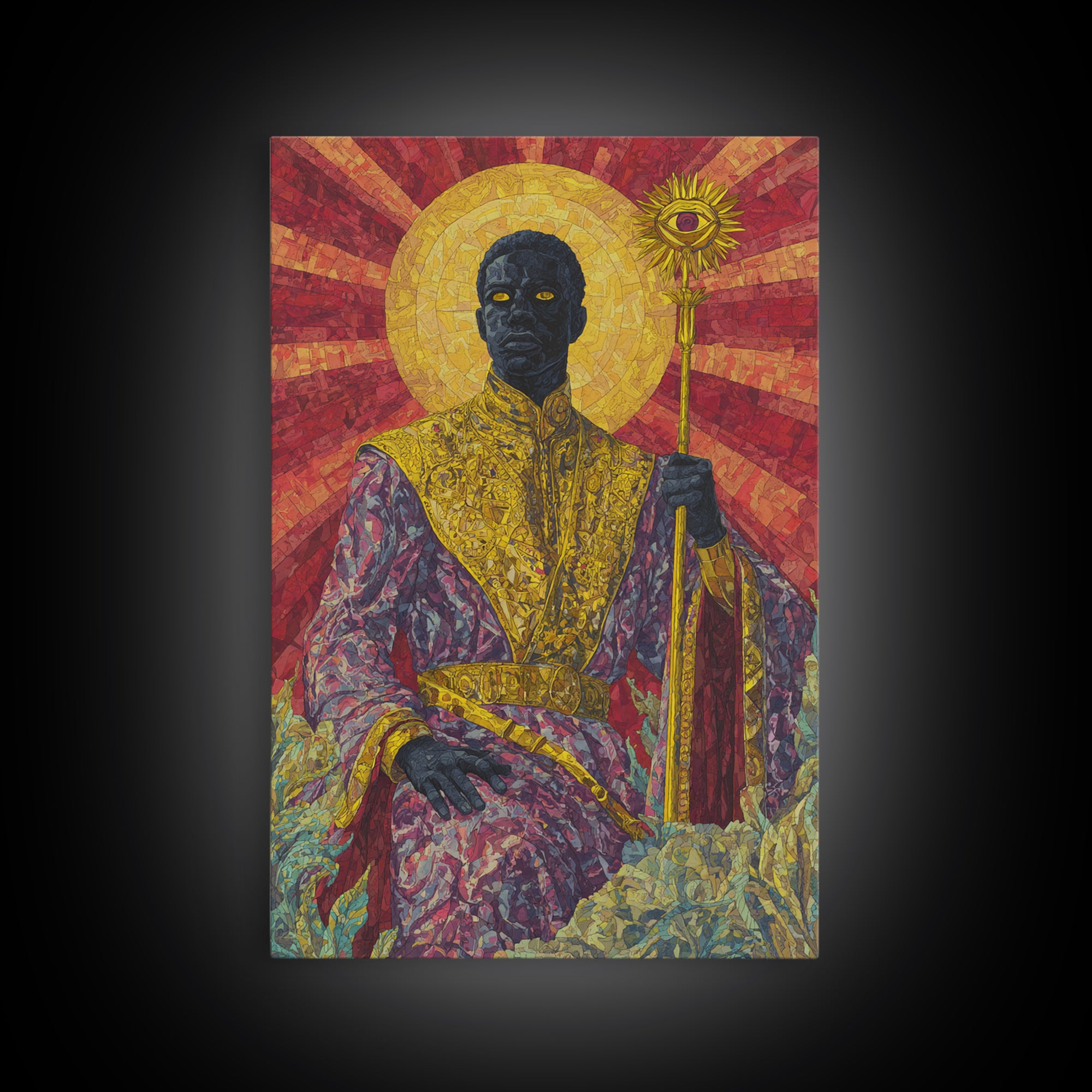 Regal Black Sun Priest Framed Canvas Print, African Queen Art, Black Goddess Art, Gold Jewelry Canvas, Statement Wall Decor