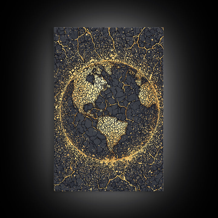 Black And Gold Cracked Africa Globe Canvas Print, African Wall Art, Afrocentric Decor, Modern Abstract Ethnic Home Decor Gift