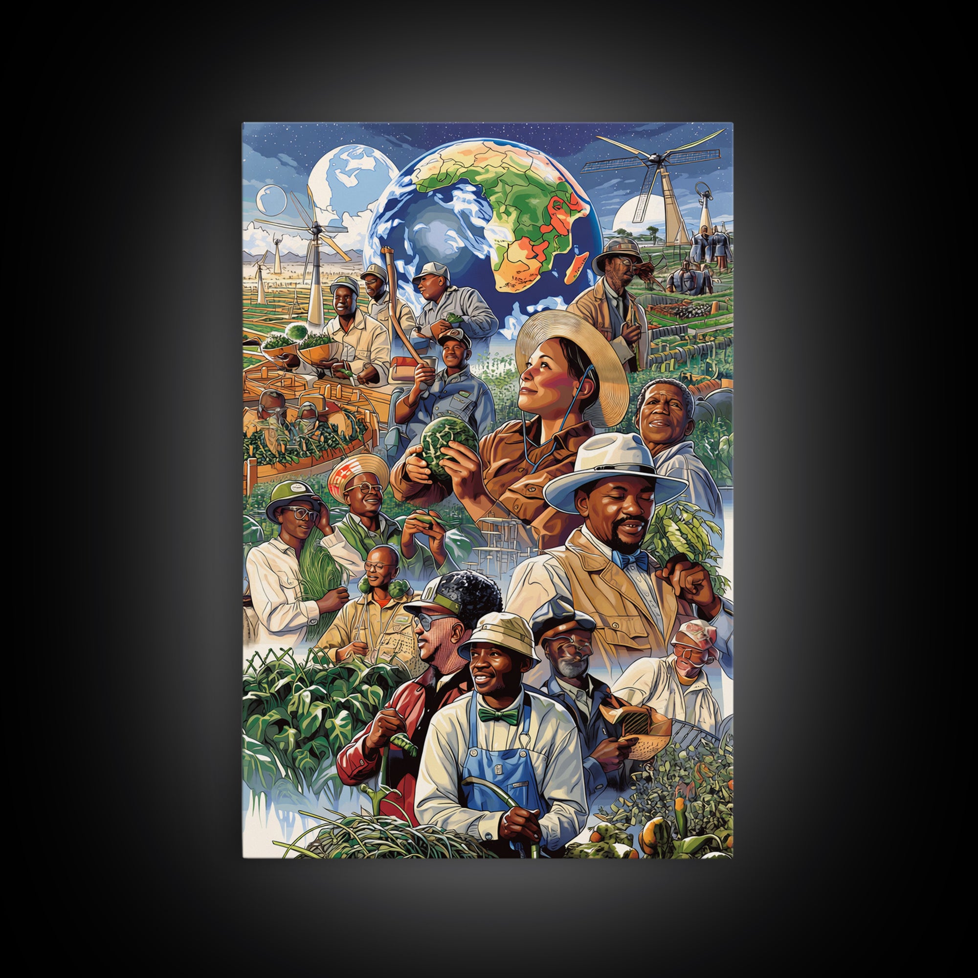 Global African Farmers Harvest Collage Framed Canvas Print, African Art Prints, Cultural Wall Decor, Farmhouse Office Decor