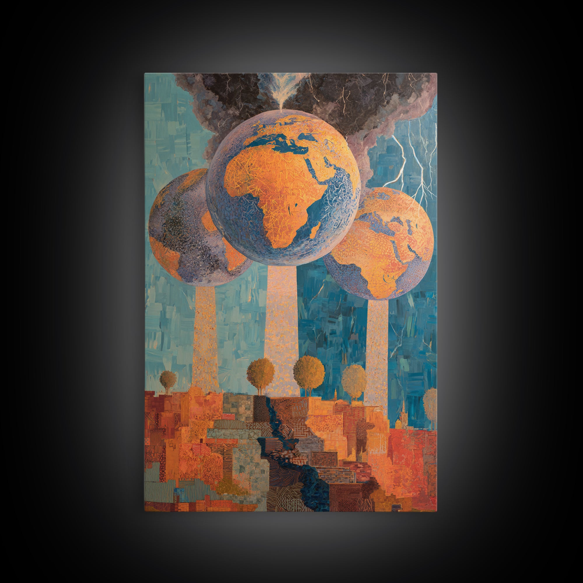 Surreal Africa Globe Trees Stormy City Wall Art, Modern African Art Print, Orange Blue Statement Decor, Afrofuturism Canvas Print
