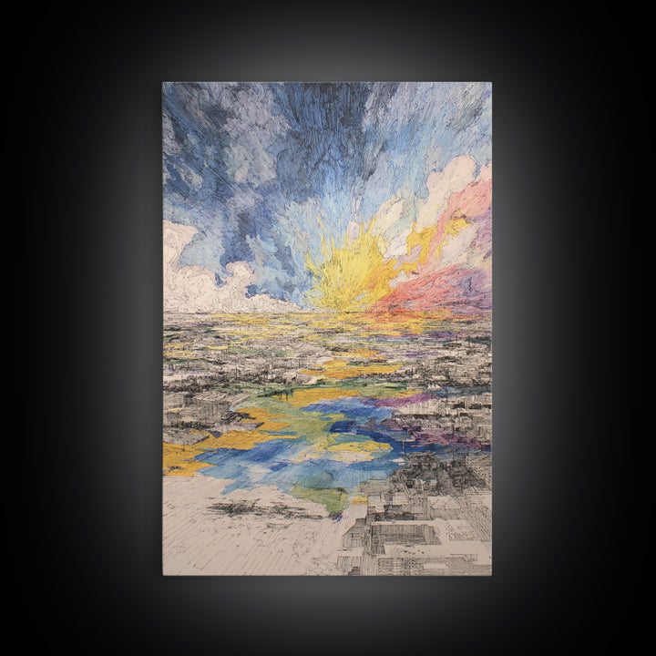 Radiant Abstract City And River Sunrise Canvas Print, Modern African Inspired Wall Art, Colorful Landscape Office Decor Gift