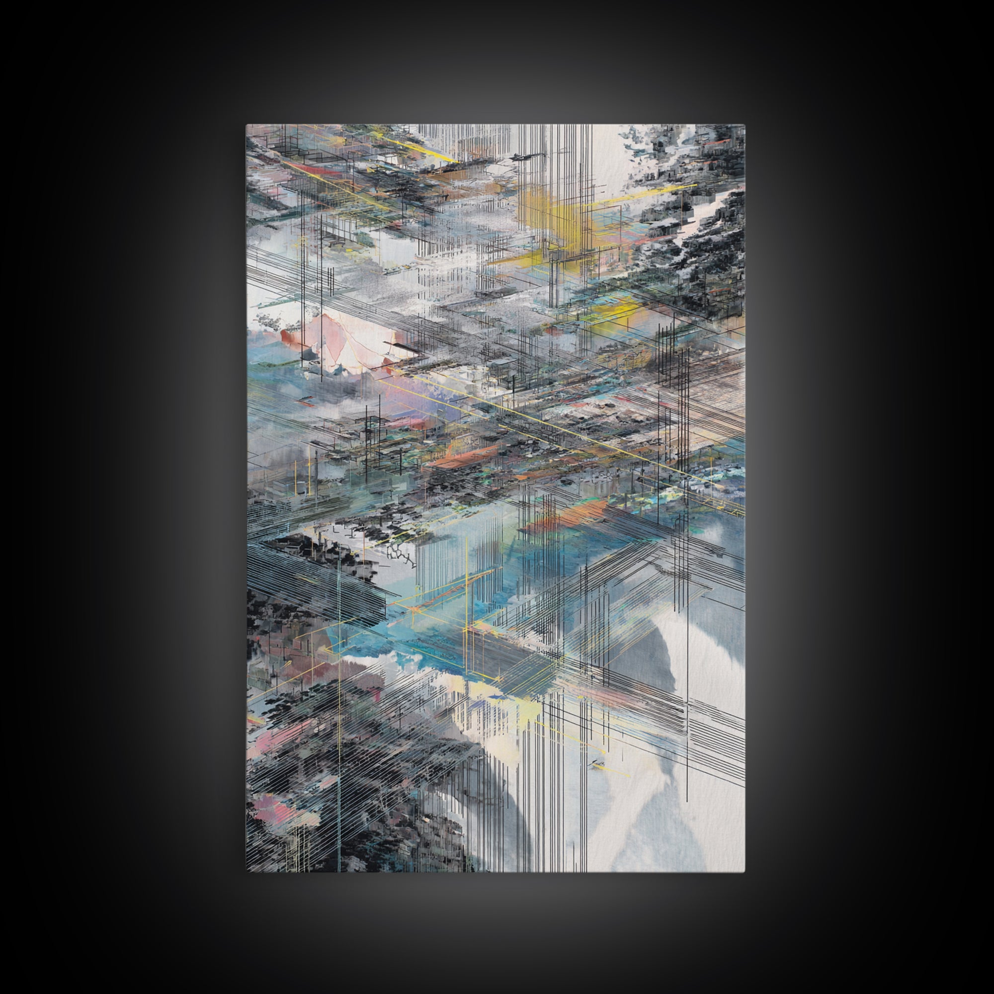 Layered City Grid Canvas Print, Abstract Urban Skyline, Modern Geometric Wall Decor, Blue Gray Office Art Gift, Large Home Decor