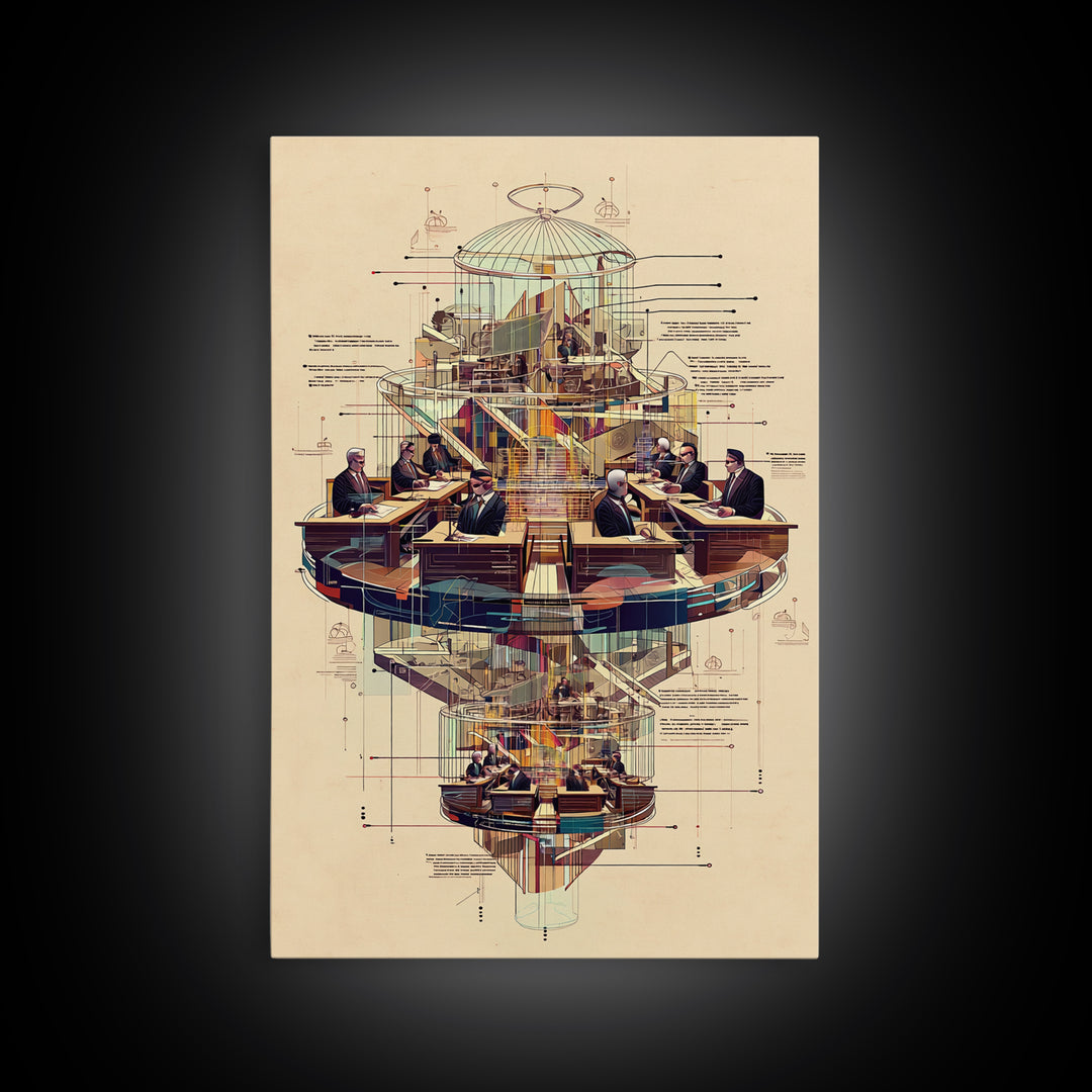 Futuristic Council Chamber Wall Art, Architectural Diagram, Modern Afrocentric Decor, Geometric Office Canvas Print Gift