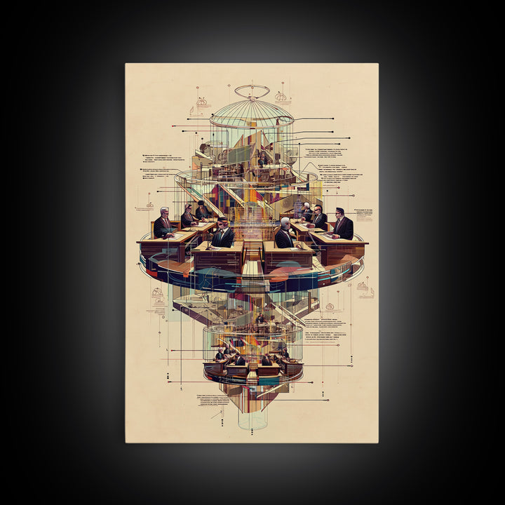 Futuristic Council Chamber Wall Art, Architectural Diagram, Modern Afrocentric Decor, Geometric Office Canvas Print Gift