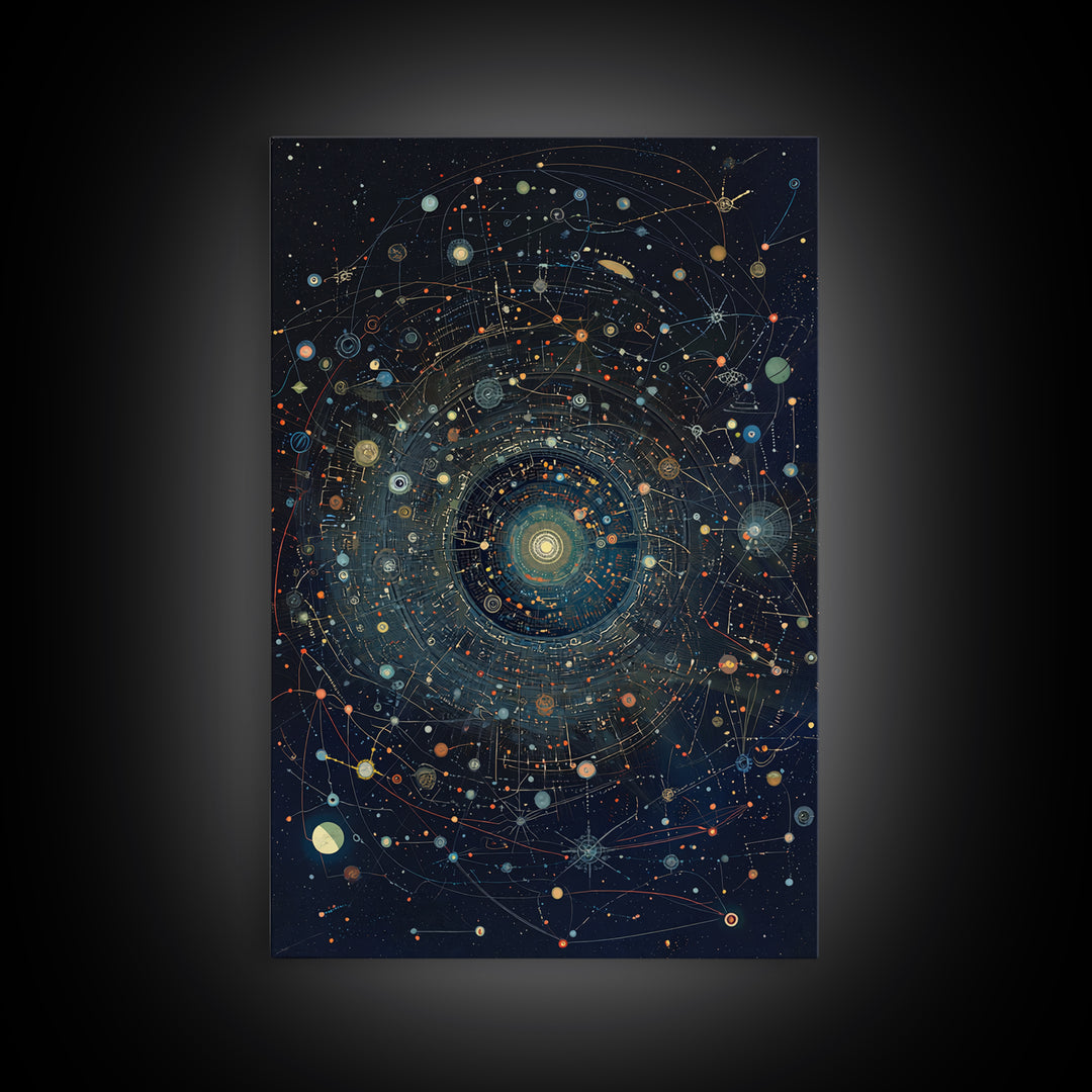 Dark Cosmic Orbit Mandala Canvas Print, Galaxy Map Wall Decor, Abstract Art, Modern Office Decor, Starry Astronomy Poster