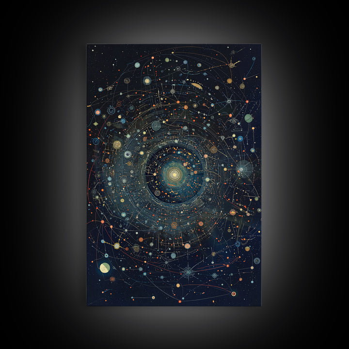 Dark Cosmic Orbit Mandala Canvas Print, Galaxy Map Wall Decor, Abstract Art, Modern Office Decor, Starry Astronomy Poster