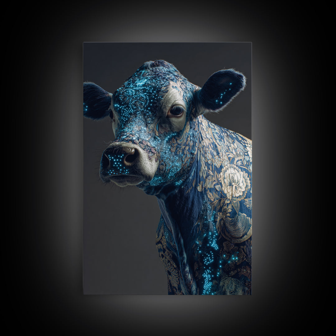 Blue Floral Cow Portrait Framed Canvas Print, Ornate Animal Wall Decor, Farmhouse Painting, Luxury Modern Home Decor Gift