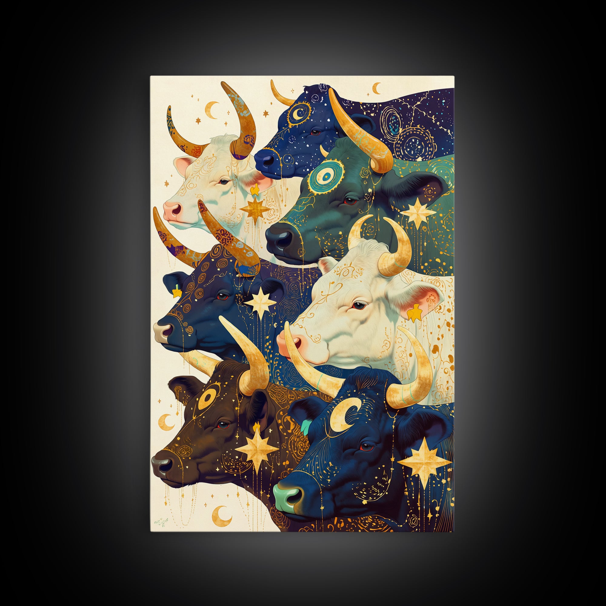 Celestial Herd Of Moonlit Cows Wall Art, Mystical Animal Canvas Print, Colorful Farm Decor, Whimsical Stars And Moons Poster